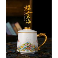 陶瓷礼品过滤茶杯套装，羊脂玉茶杯带茶漏定制厂家